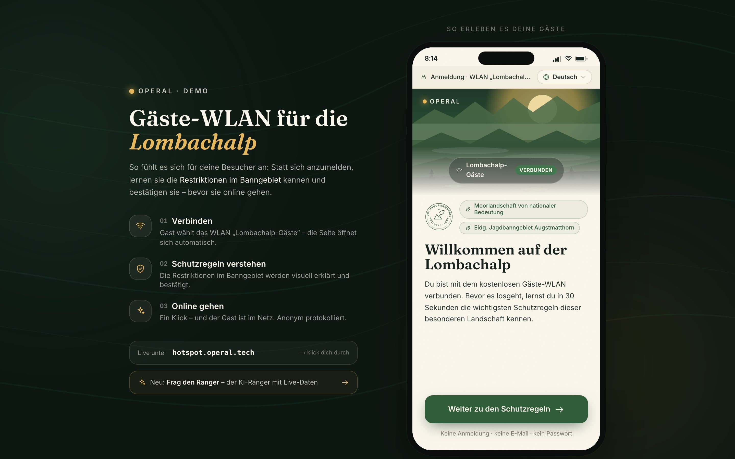Ask the Ranger captive-portal demo on a phone