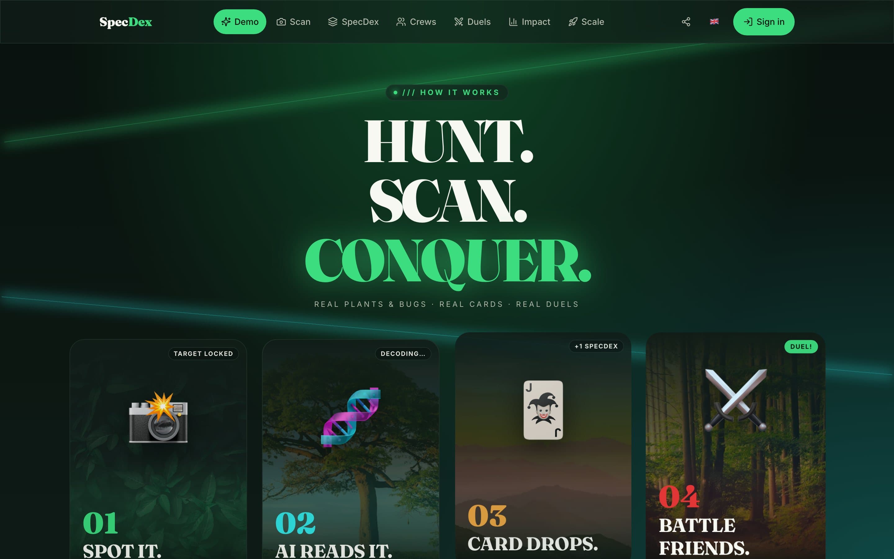 SpecDex biodiversity game — hunt, scan, conquer