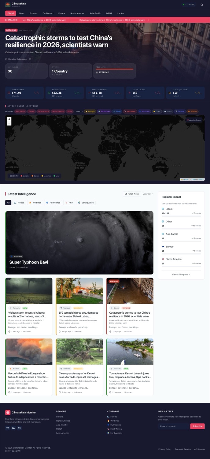 Full ClimateRisk Monitor dashboard: metrics, world map and intelligence feed